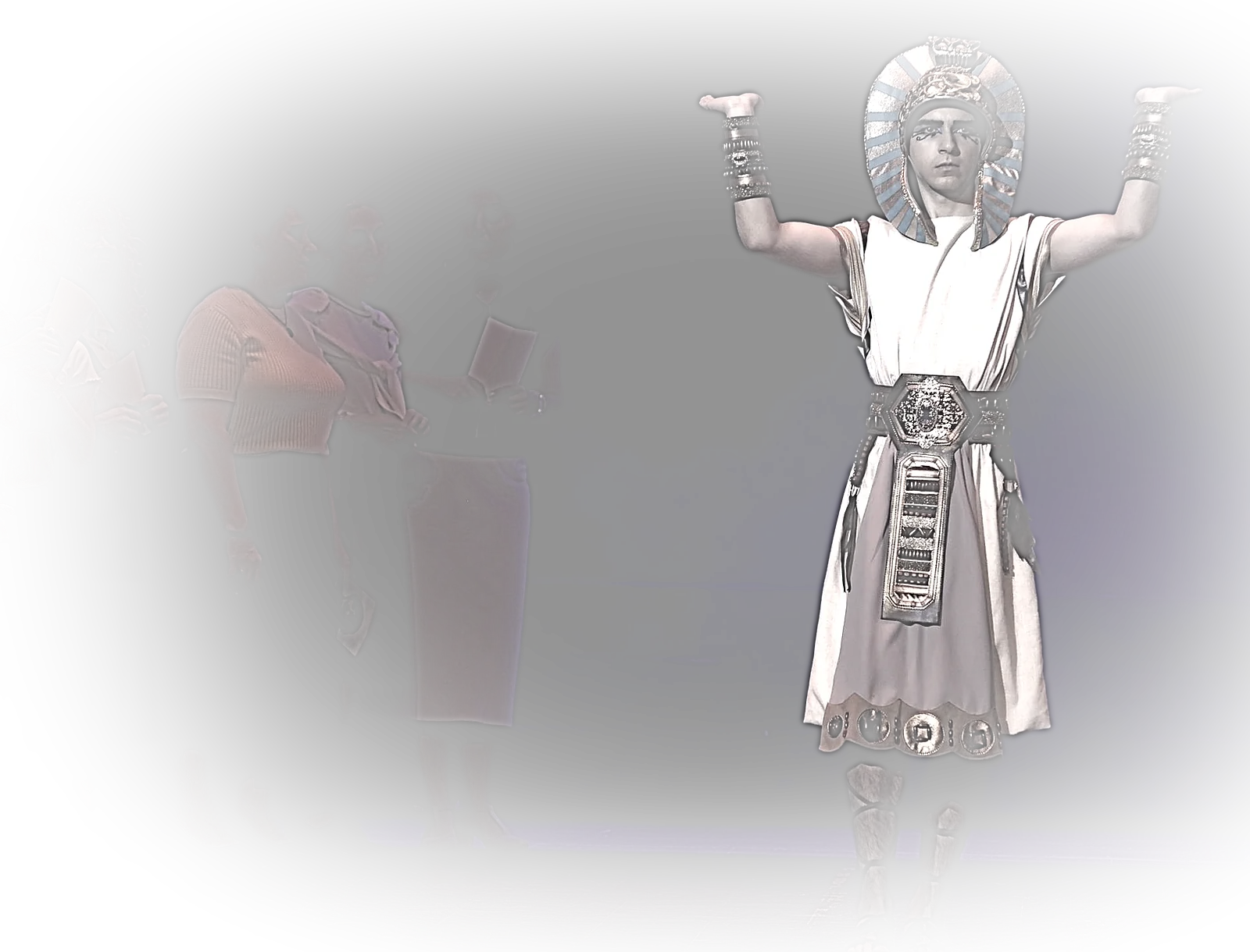 In costume and headdress, arms raised, before a full company