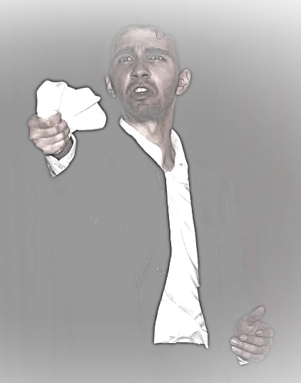 Arm outstretched against a heavy curtain