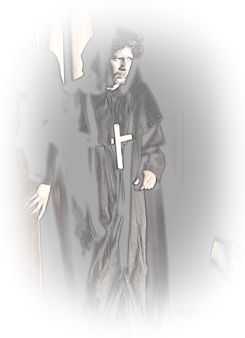 In a hooded robe, stepping through a doorway