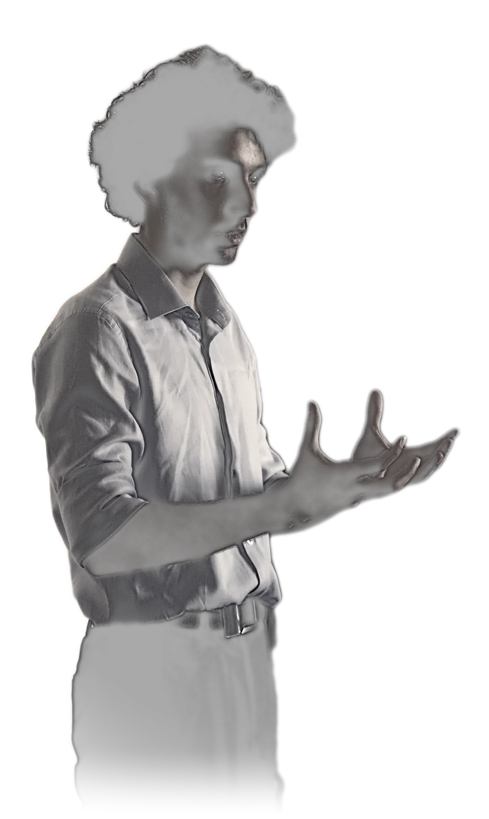 Mid-speech, hands open